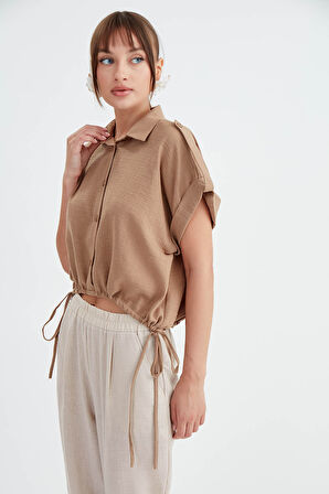 Beli Büzgülü Viskon Keten Gömlek