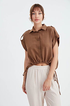 Beli Büzgülü Viskon Keten Gömlek