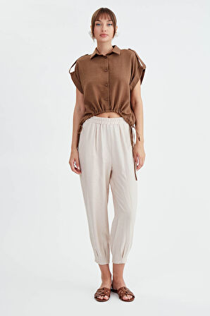 Beli Büzgülü Viskon Keten Gömlek