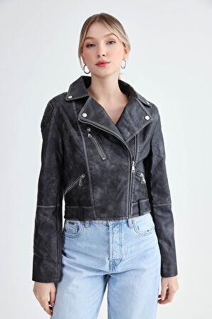 Fermuarlı Suni Deri Crop Biker Ceket