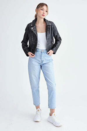Fermuarlı Suni Deri Crop Biker Ceket
