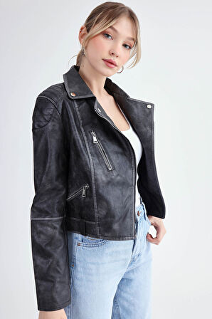 Fermuarlı Suni Deri Crop Biker Ceket