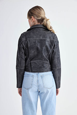 Fermuarlı Suni Deri Crop Biker Ceket