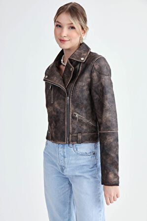 Fermuarlı Suni Deri Crop Biker Ceket