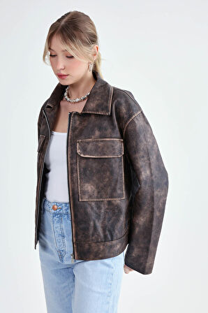 Kapak Cepli Suni Deri Biker Ceket
