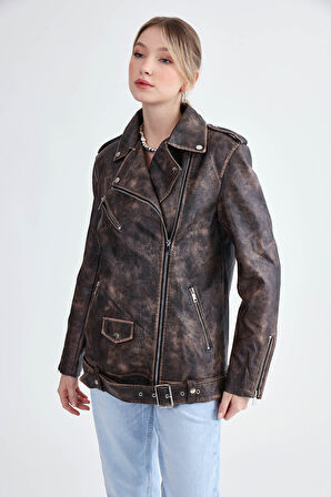 Omuzda Apolet Detaylı Kemerli Suni Deri Ceket