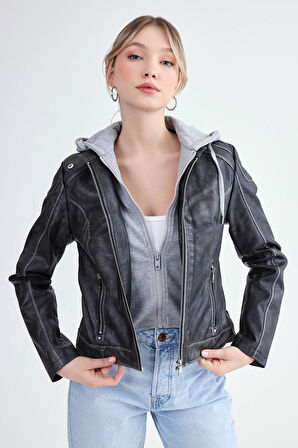 Kapüşonlu Suni Deri Crop Biker Ceket