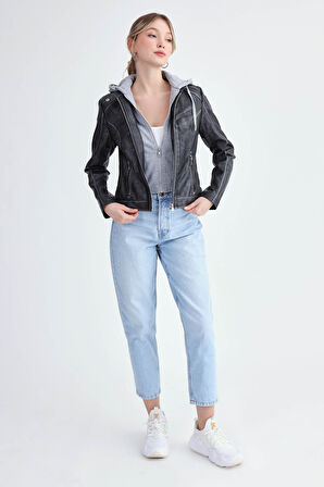 Kapüşonlu Suni Deri Crop Biker Ceket