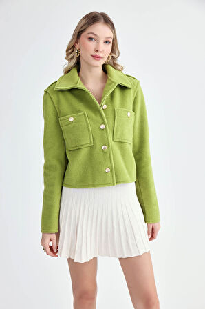 Gold Düğmeli Ters Dikiş Keçe Kumaş Crop Ceket