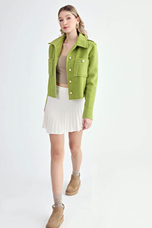 Gold Düğmeli Ters Dikiş Keçe Kumaş Crop Ceket