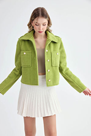 Gold Düğmeli Ters Dikiş Keçe Kumaş Crop Ceket