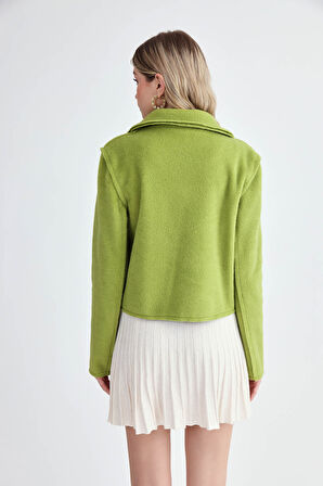 Gold Düğmeli Ters Dikiş Keçe Kumaş Crop Ceket