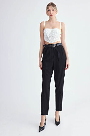 Yüksek Bel Kemerli Pilili Pantolon