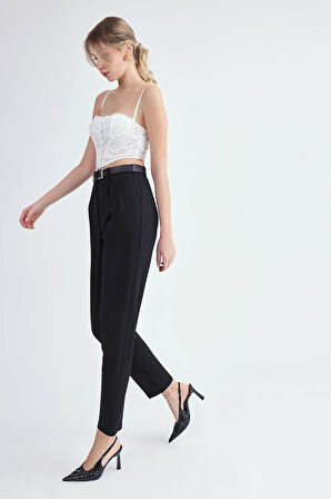 Yüksek Bel Kemerli Pilili Pantolon