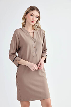 Hakim Yaka Düğmeli Uzun Kol Cepli Elbise