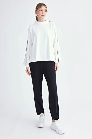 Yuvarlak Yaka Kenarı Şeritli Oversize Bluz