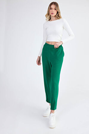 Beli Lastikli Paçası Pileli Triko Pantolon