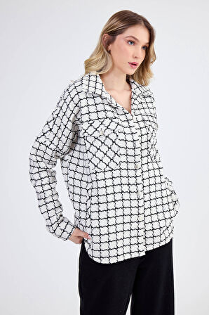 Kapak Cepli Desenli Oversize Gömlek