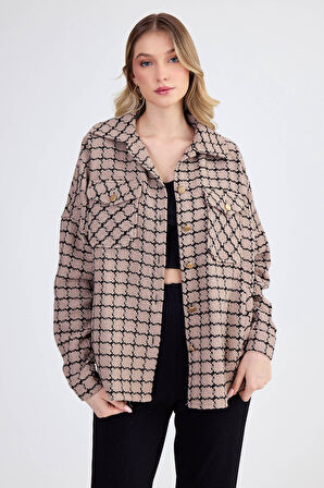 Kapak Cepli Desenli Oversize Gömlek