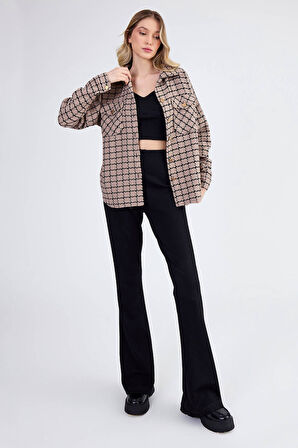 Kapak Cepli Desenli Oversize Gömlek