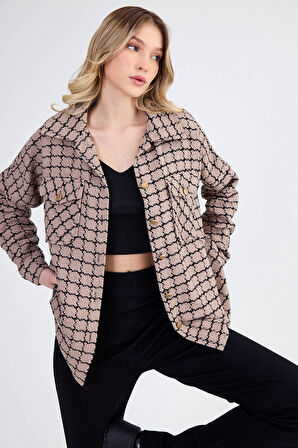 Kapak Cepli Desenli Oversize Gömlek