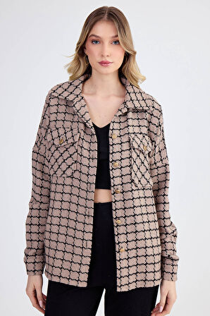 Kapak Cepli Desenli Oversize Gömlek