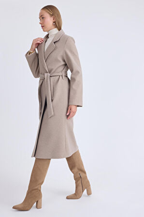 Ceket Yaka Kuşaklı Kaşe Kaban