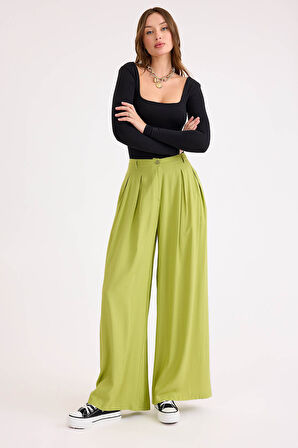 Pileli Geniş Paça Pantolon
