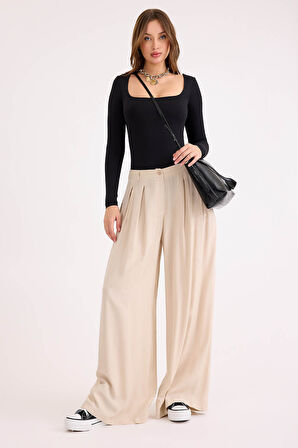 Pileli Geniş Paça Pantolon