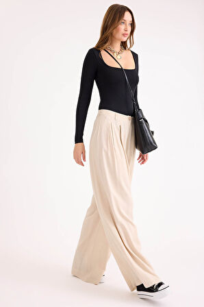 Pileli Geniş Paça Pantolon