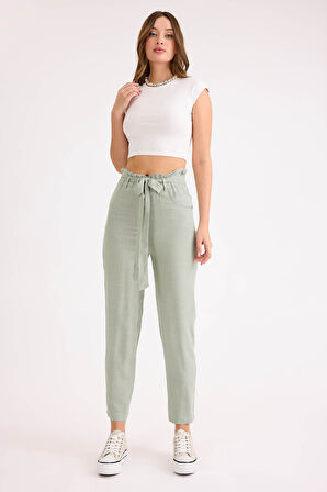 Yüksek Bel Kuşaklı Viskon Keten Pantolon