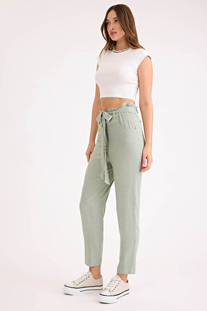 Yüksek Bel Kuşaklı Viskon Keten Pantolon