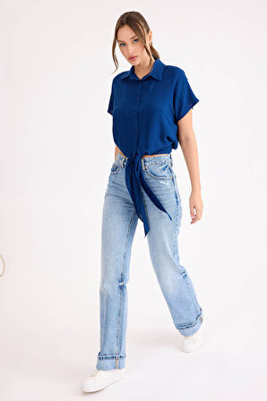 Beli Bağlamalı Kısa Kol Salaş Gömlek