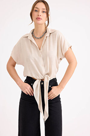 Beli Bağlamalı Kısa Kol Salaş Gömlek