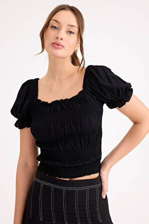 Kare Yaka Viskon Keten Crop Bluz