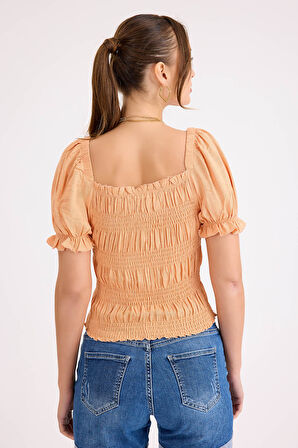 Kare Yaka Viskon Keten Crop Bluz