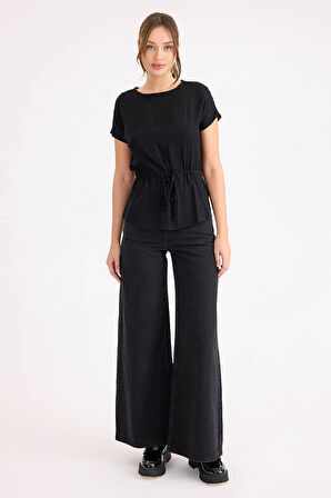 Yuvarlak Yaka Beli Büzgülü Keten Bluz