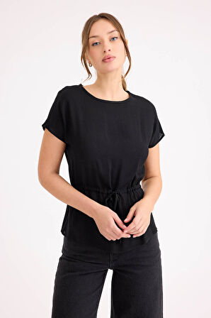 Yuvarlak Yaka Beli Büzgülü Keten Bluz