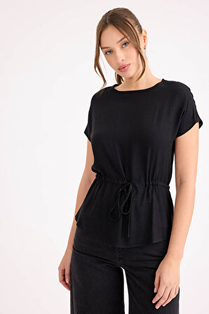 Yuvarlak Yaka Beli Büzgülü Keten Bluz