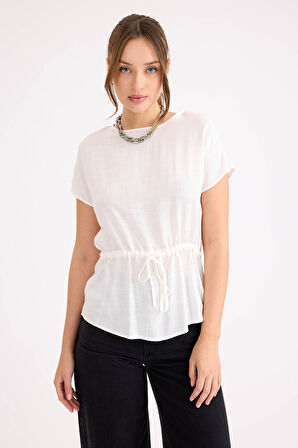 Yuvarlak Yaka Beli Büzgülü Keten Bluz