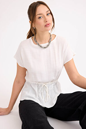 Yuvarlak Yaka Beli Büzgülü Keten Bluz