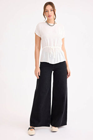 Yuvarlak Yaka Beli Büzgülü Keten Bluz