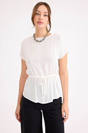 Yuvarlak Yaka Beli Büzgülü Keten Bluz