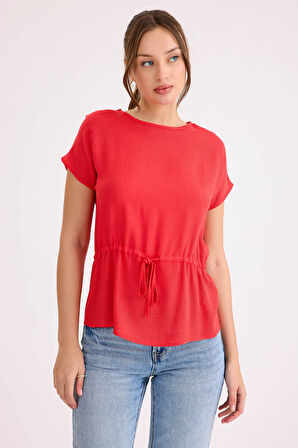 Yuvarlak Yaka Beli Büzgülü Keten Bluz