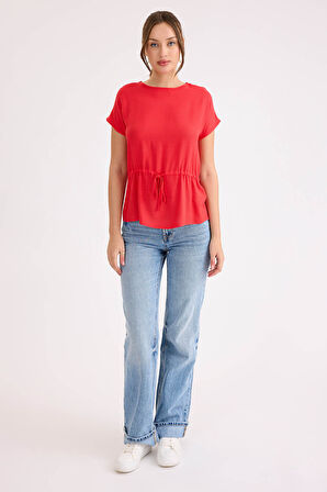 Yuvarlak Yaka Beli Büzgülü Keten Bluz