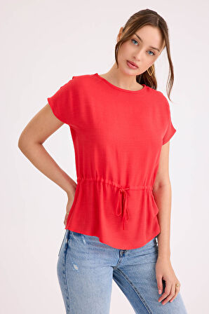 Yuvarlak Yaka Beli Büzgülü Keten Bluz