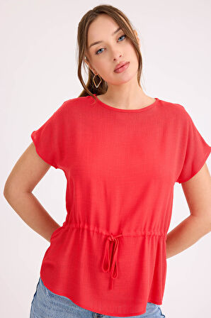 Yuvarlak Yaka Beli Büzgülü Keten Bluz