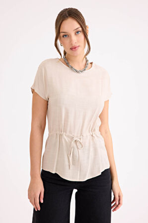 Yuvarlak Yaka Beli Büzgülü Keten Bluz