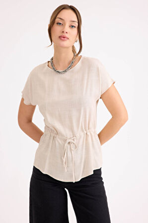 Yuvarlak Yaka Beli Büzgülü Keten Bluz