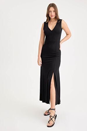 V Yaka Sıfır Kol Modal Uzun Elbise